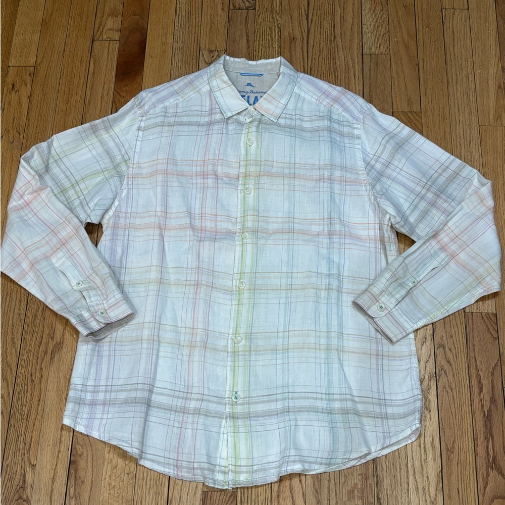 Tommy Bahama white plaid 100% linen button up long sleeved dress shirt XL $140